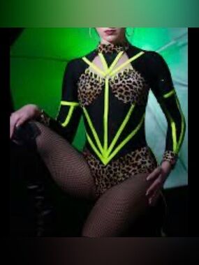 Glamour Costumes Leopard Print Neon Trim Long Sleeve Competition Dance Costume